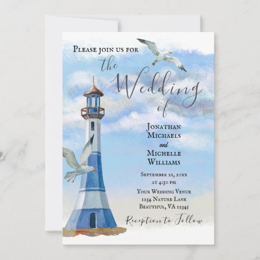 Leuchtturm und Seagulls Nautical Beach Hochzeit Einladung (Vorderseite)