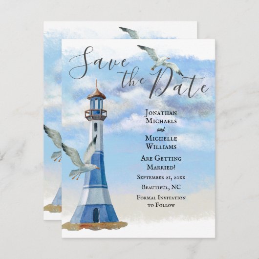 Leuchtturm und Seagulls Nautical Beach Hochzeit Save The Date (Vorne/Hinten)