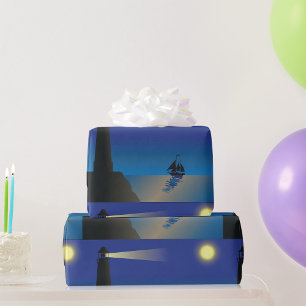 Leuchtturm und Segelboot bei nächtlicher mondbesch Geschenkpapier