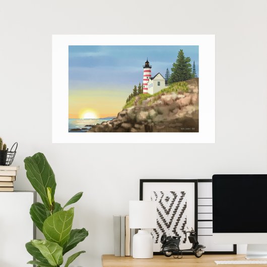 Leuchtturm und Sonnenuntergang Großdruck Poster (Heimbüro)