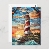 Leuchtturm und Sonnenuntergang Postkarte (Vorne/Hinten)