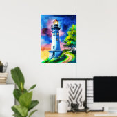 Leuchtturm unter einem Sternenhimmel Poster (Heimbüro)