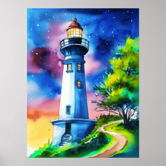 Leuchtturm unter einem Sternenhimmel Poster (Vorne)