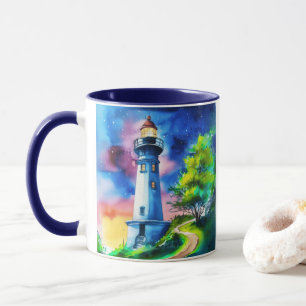 Leuchtturm unter einem Sternenhimmel Tasse