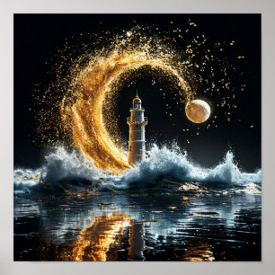 🌙 Leuchtturm unter goldenem Mond an der Küste in Poster