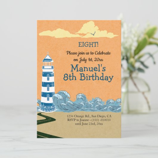 Leuchtturm von Sea Birthday Party Einladung (Stehend Vorderseite)