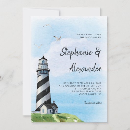 Leuchtturm Wasserfarbe Moderne Hochzeit Einladung (Vorderseite)