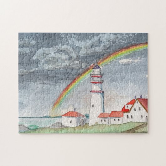 Leuchtturm Wasserfarbe Regenbogen Landschaft Meer Puzzle (Horizontal)
