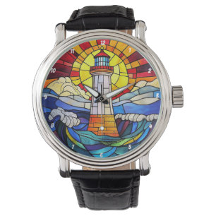 Leuchtturm Wellen Sonnenuntergang Buntglas Armbanduhr