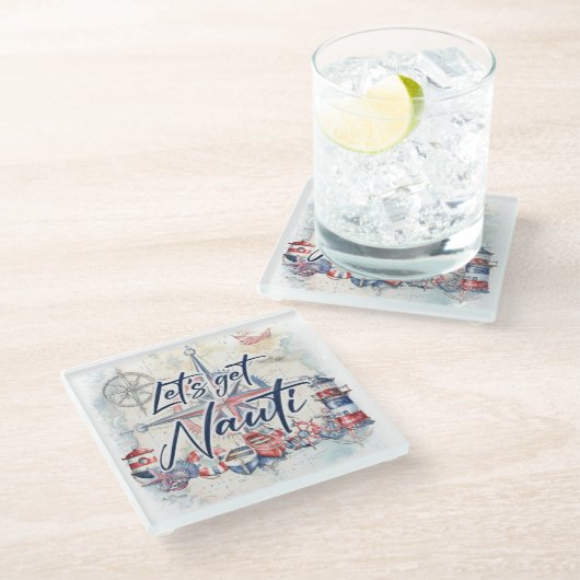 Leuchtturmboot "Let's Get Nauti" Glasuntersetzer (Schrägansicht)