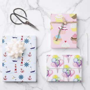 Leuchttürme Cupcakes und Balloons Geschenkpapier Set