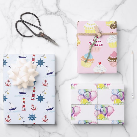 Leuchttürme Cupcakes und Balloons Geschenkpapier Set (Vorderseite)