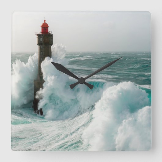 Leuchttürme | Jument Lighthouse Ouessant Frankreic Quadratische Wanduhr (Vorderseite)