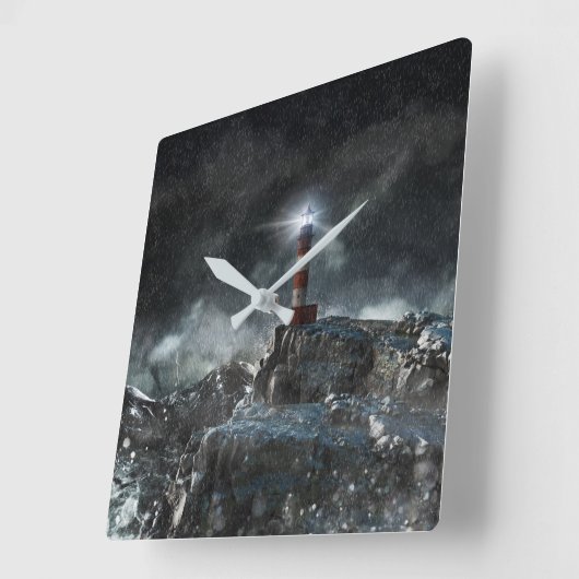 Leuchttürme | Leuchtturm im Sturm Quadratische Wanduhr (Winkel)