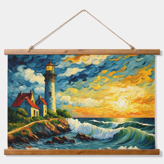 Leuchtturmlandschaft Wandteppich Mit Holzrahmen (Vorne)