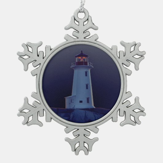 Leuchtturmschmuck Peggy's Cove Nova Scotia blau Schneeflocken Zinn-Ornament (Vorderseite)