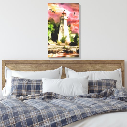 Leuchtturmszene in rosa Farbtöne Canvas Print Leinwanddruck (Insitu (Schlafzimmer))