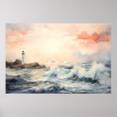 Leuchtturmträume: Aquarellmalerei an der Küste Poster (Vorne)
