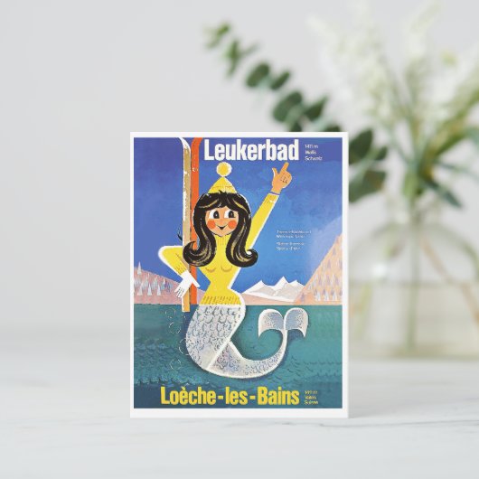 Leukerbad, Schweiz, Meerjungfrau mit Skiausrüstung Postkarte (Stehend Vorderseite)