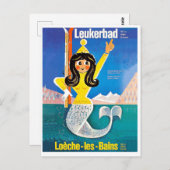 Leukerbad, Schweiz, Meerjungfrau mit Skiausrüstung Postkarte (Vorne/Hinten)
