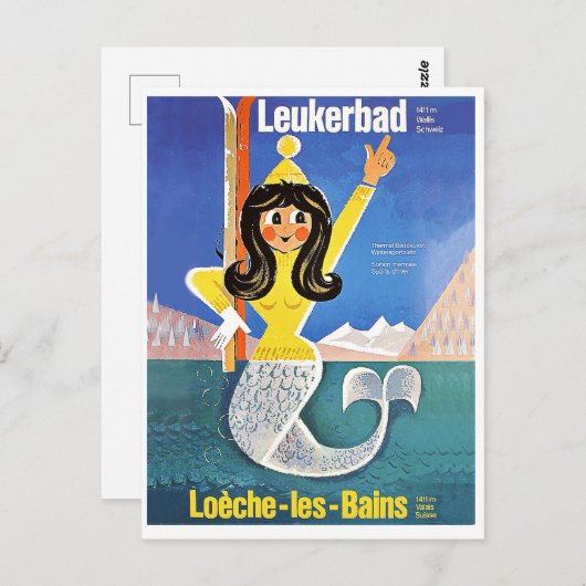 Leukerbad, Schweiz, Meerjungfrau mit Skiausrüstung Postkarte (Vorne/Hinten)