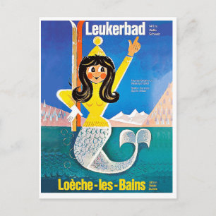Leukerbad, Schweiz, Meerjungfrau mit Skiausrüstung Postkarte