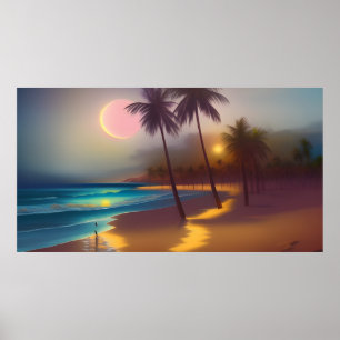 Leute Moon Sand Beach Mondlicht Ozeanpalmen Poster