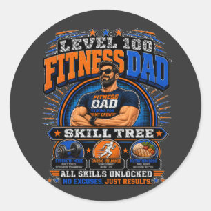 Level 100 Fitness Dad Shirt – Skill Tree Gym Papa Runder Aufkleber