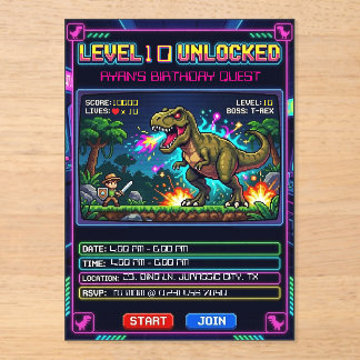 Level 10 Arcade Spiel T Rex Geburtstag Acryleinladungen