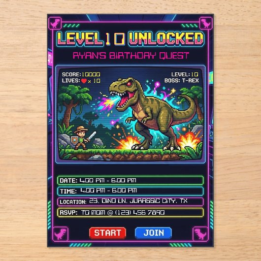 Level 10 Arcade Spiel T Rex Geburtstag Acryleinladungen (Vorderseite)