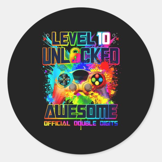Level 10 Unlocked Awesome Gaming Birthday Boy 10th Runder Aufkleber (Vorderseite)