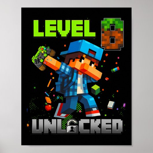 Level 8 Unlocked Funy Birthday Boy Pixel Gamer 8th Poster (Vorne)