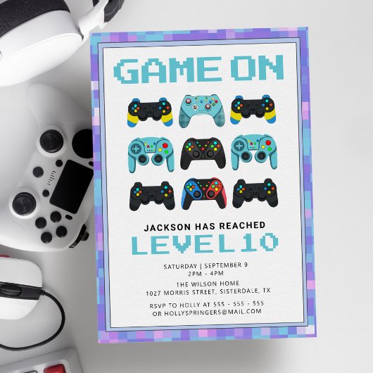 Level Up Colorful Pixels Video Game Boy Geburtstag Einladung