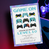 Level Up Colorful Pixels Video Game Boy Geburtstag Einladung