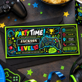 Level Up Gamer 10. Geburtstag Junge Ticket Foto Einladung