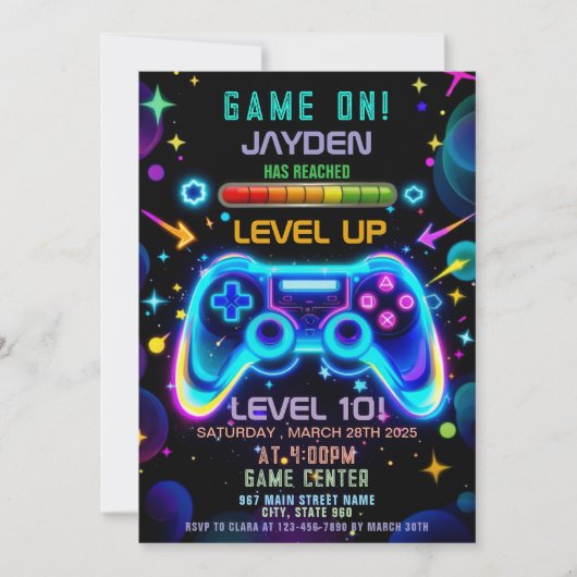 Level Up Gamer Birthday Invitation – Neon Game Einladung (Vorderseite)