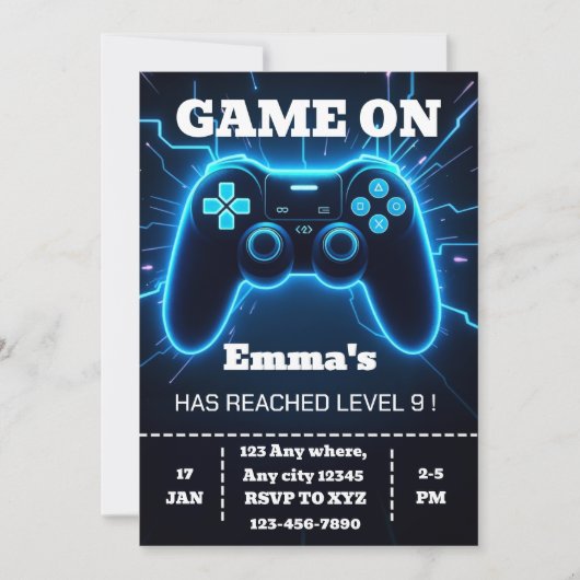 Level Up Gamer Birthday Invitation – Neon Game Einladung (Vorderseite)