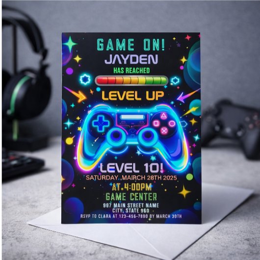 Level Up Gamer Birthday Invitation – Neon Game Einladung