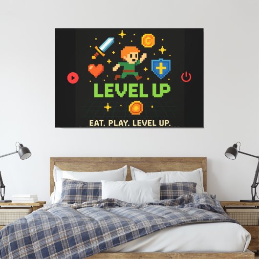 Level Up Gamer Canvas – Pixel Retro Wall Art Leinwanddruck (Insitu (Schlafzimmer))