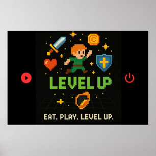 Level Up Gamer Poster – Pixel Retro 8-Bit Kunst