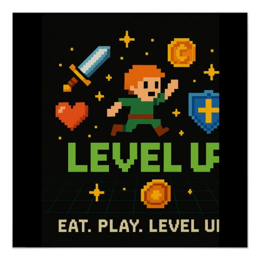 Level Up Gamer Poster – Retro Pixel Gaming Art (Vorderseite)