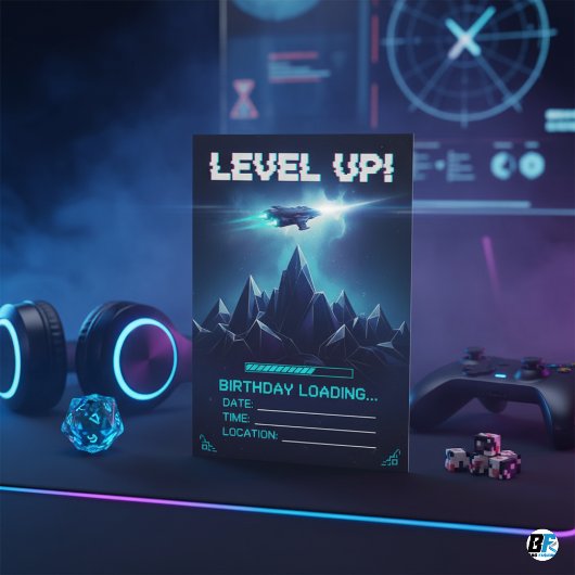 Level Up Gamer Space Sci-Fi Glitch Birthday Einladung