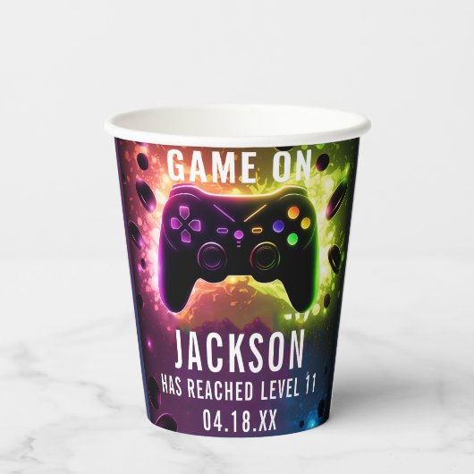 Level Up! Neon Video Game Birthday Party Pappbecher (Rückseite)