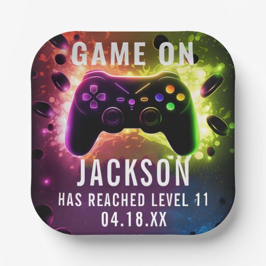 Level Up! Neon Video Game Birthday Party Pappteller (Vorderseite)
