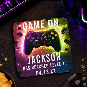 Level Up! Neon Video Game Birthday Party Quadratischer Aufkleber