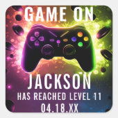 Level Up! Neon Video Game Birthday Party Quadratischer Aufkleber (Vorderseite)