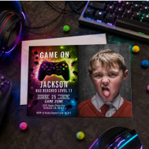 Level Up! Neon Video Game Geburtstagsparty Einladu