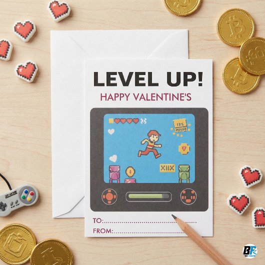 Level Up Retro Video Game Pixel Art Boys Classroom Mitteilungskarte