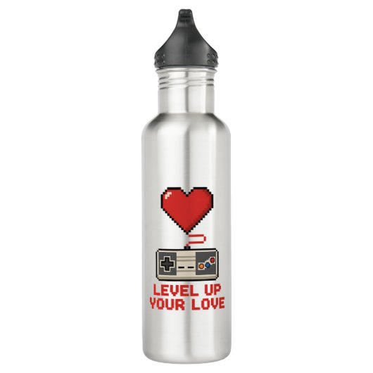 Level Up Your Love, Retro Pixel Gaming Design Edelstahlflasche (Rechts)