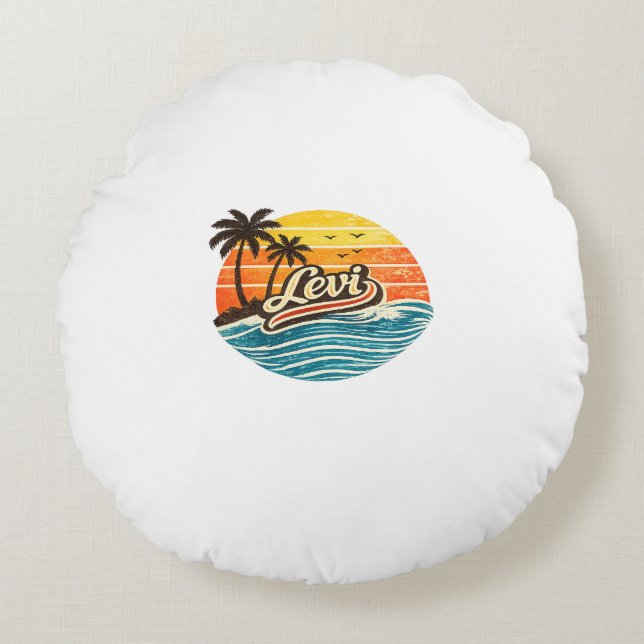 Levi Retro Sunset Name Design Rundes Kissen (Vorderseite)